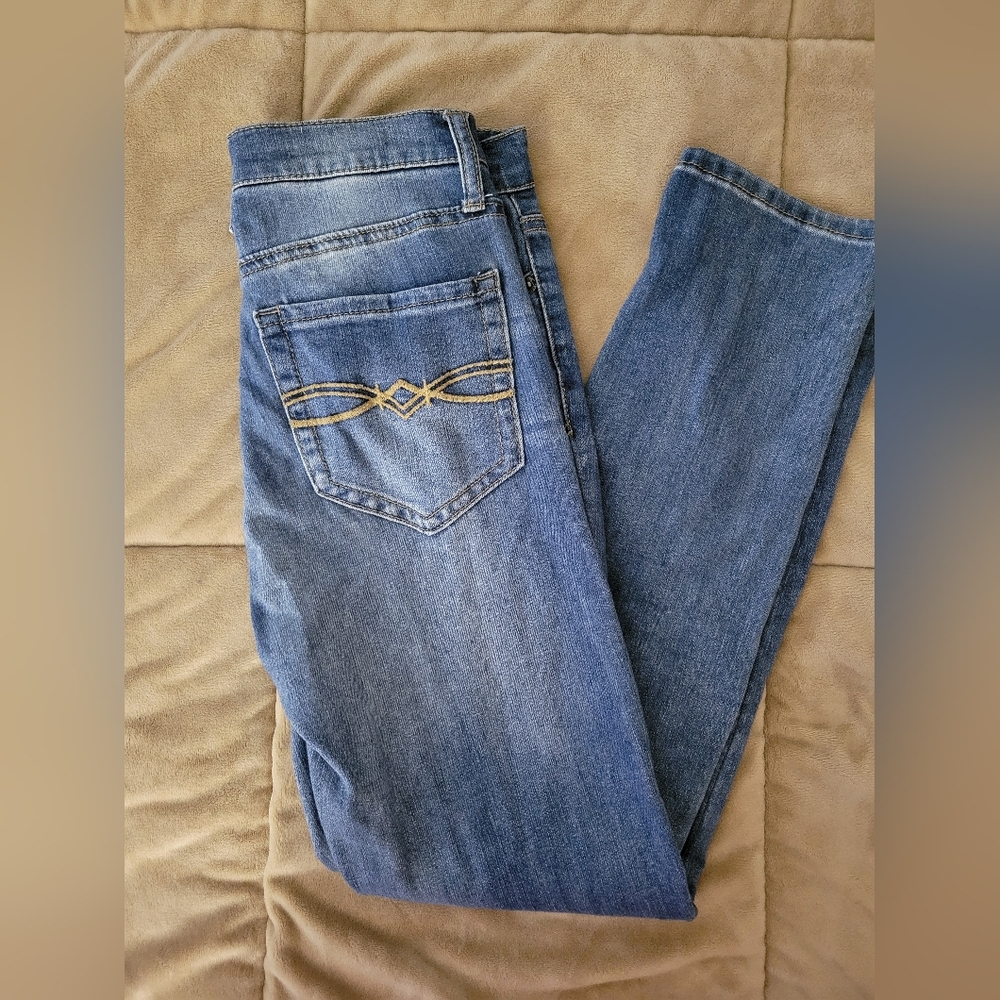 Mudd Blue Straight Leg Jeans with Gold Stitching Juniors Size 3,